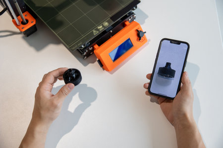 Man holding smartphone with detail on screenand making on 3D printer in creative lab.