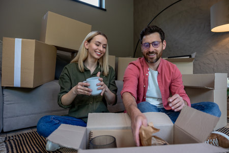 Young couple packing crockery to the boxes