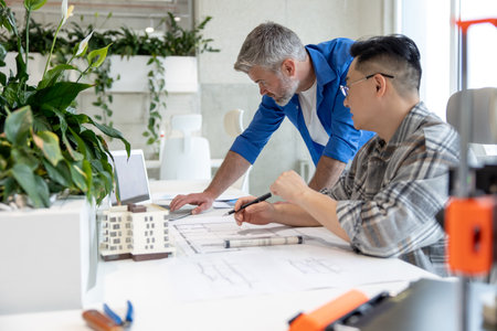 Men working with 3D printer and blueprint for designing mechanical parts in high tech workshop.