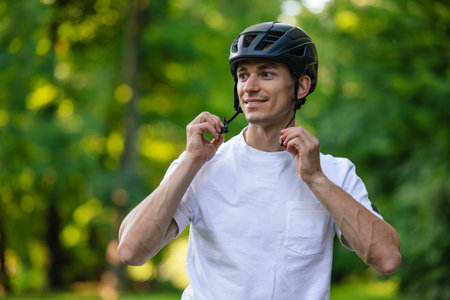 Young handsome cyclist putting on his protective hemlet