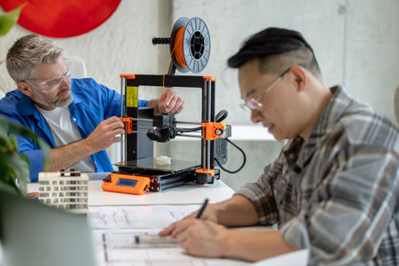 Architects working with 3D printer and projecting house model, drawing blueprint.