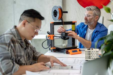 Architects making house model using 3D printer, FDM technology for architectural use.