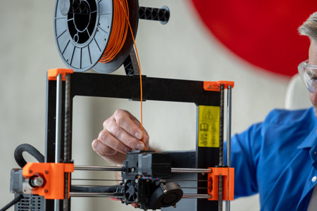 Technician printing in 3d printer, using three dimensional printing machine for work.の写真素材
