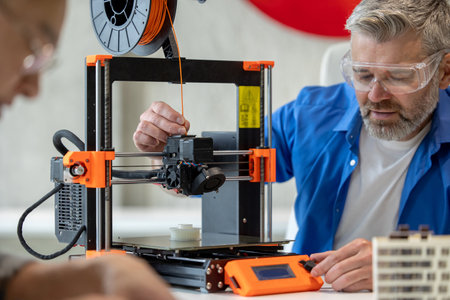 Technician printing in 3d printer, using three dimensional printing machine for work.