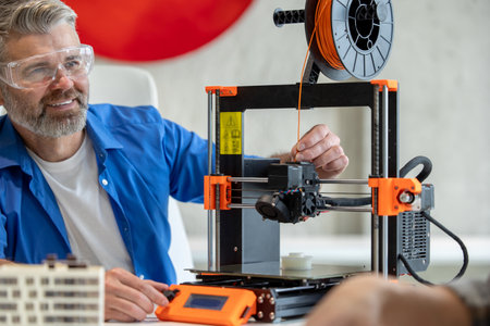 Technician printing in 3d printer, using three dimensional printing machine for work.の写真素材