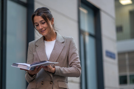 Business woman wearing beige jacket reading book while posing on city street.の写真素材