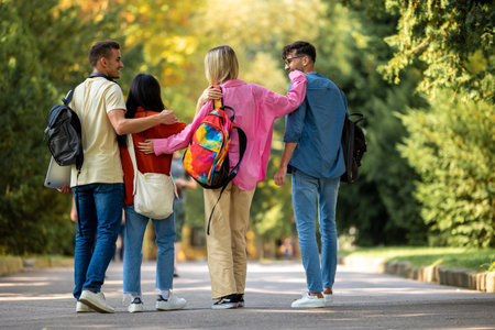 Group of students walking in the park and looking excited
