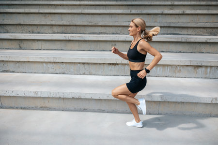 Blonde woman in black sportswear running and looking concentratedの写真素材