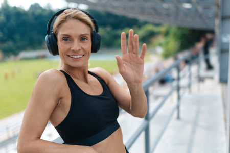 Woman wearing black top and headphones greeting friend before starting workout.