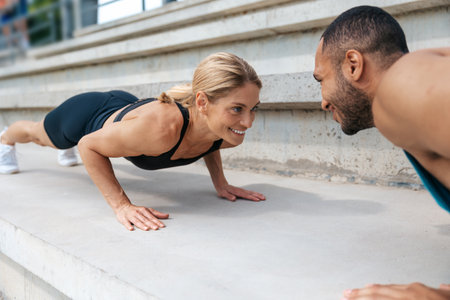 Athletic man and woman training doing push-ups outdoor.