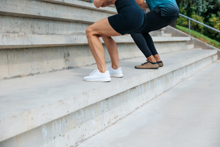 Couple training outdoors going upstairs while doing squads.の写真素材