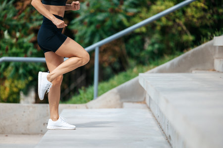 Athletic unrecognizable woman doing cardio training on stairs for burning fat.