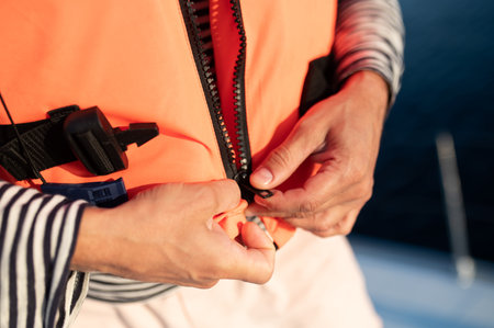 Man on a yacht putting on a life jacketの写真素材