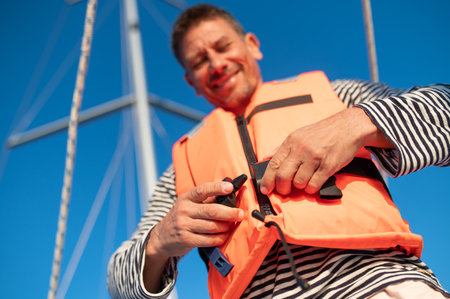 Mature man in a life jacket on a yach feeling goodの写真素材