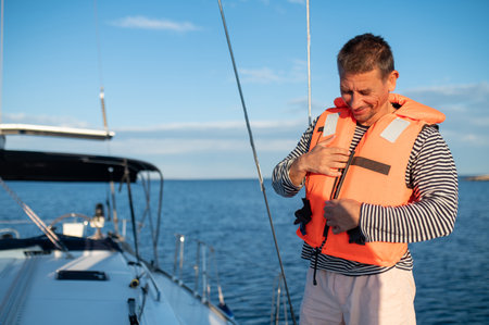 Man on a yacht smiling and feeling peacefulの写真素材
