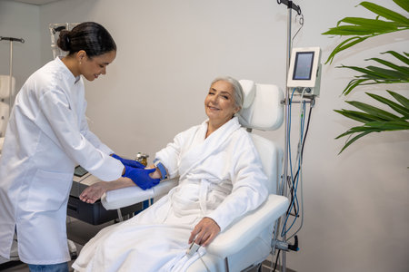 Mature woman receiving intravenous vitamin therapy in hospital room sitting in armchair.