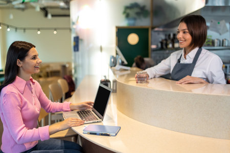 Smiling coffee shop assitant meeting a client
