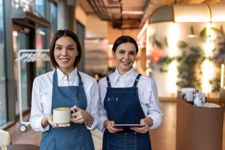 Smiling girls in apron standing in the coffee shop