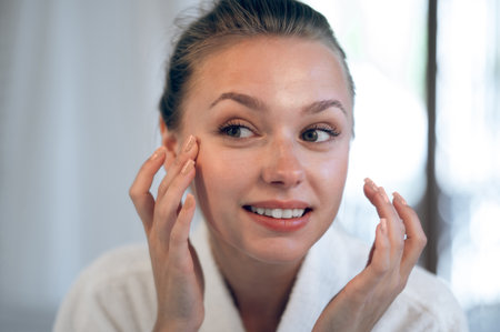 Young smiling woman applying cream on her face