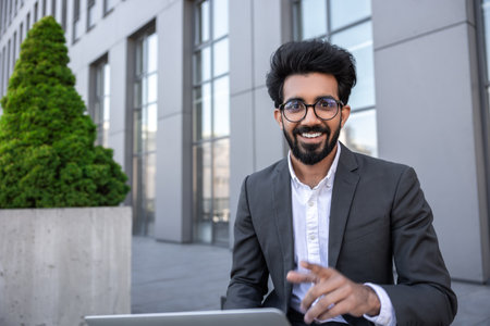 Businessman working on laptop near the office building