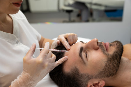 Dark-haired bearded man having session of mesotherapy in a beauty salon