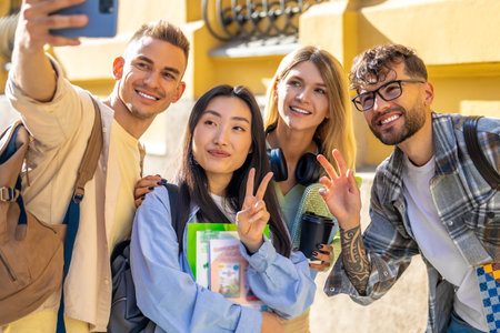 Students making selfie after classes in college.の写真素材