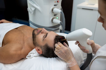 Customer in a beauty clinic having anti hair loss proceduresの写真素材