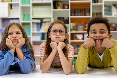 Classmates pupils posing in library or classroom.の写真素材