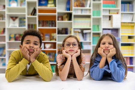Classmates pupils posing in library or classroom.の写真素材