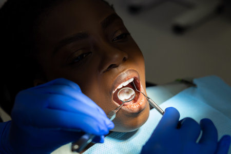 Multicultural female patient with open mouth at dentist office fixing her teethの写真素材