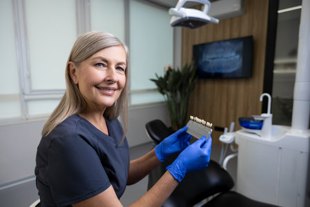 Caucasian woman doctor holding dental teeth shade guide chart in dentistryの写真素材