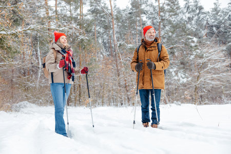 A mature couple spending good time together in a winter forestの写真素材