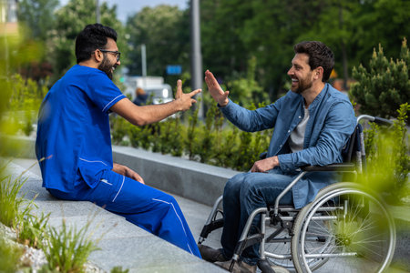 Male nurse in blue doctors overall shaking hands with a patient in wheelchair