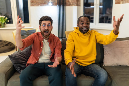 Two men watching football and looking excitedの写真素材