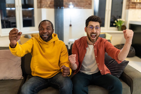 Two friends spending time together watching tv and looking excited