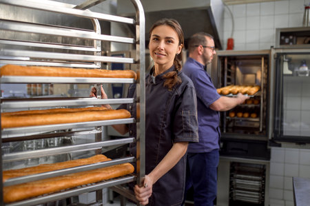 Man and woman preparing French baguettes