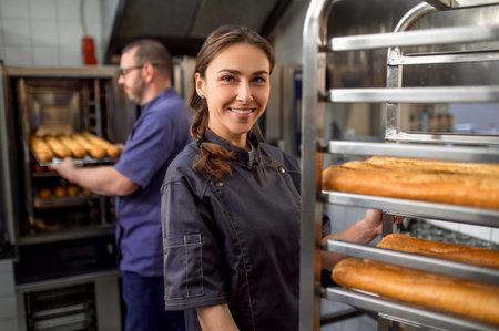Man and woman preparing French baguettes
