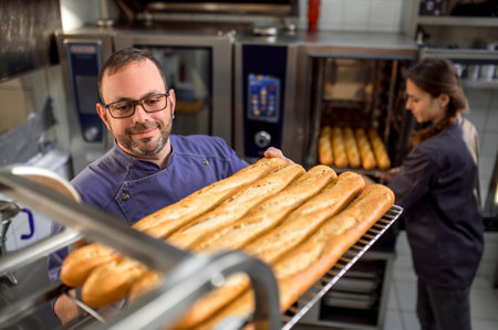 French baguettes production at baking factory