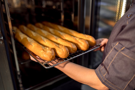Young woman baker in uniform baking fresh baguettes in the bakery
