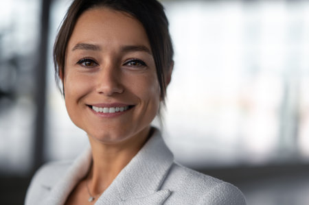 Portrait of a smiling good-looking woman in white jacket