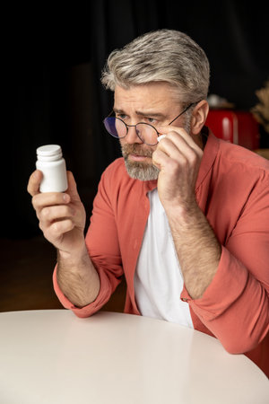 Bearded man reading back of some medicine bottle at home