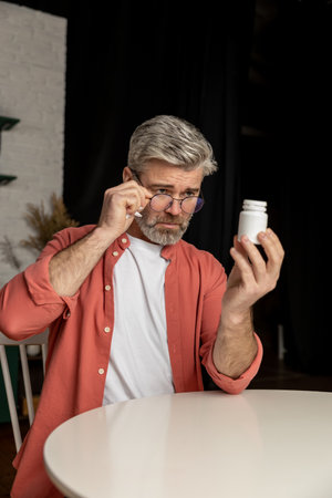 Unhealthy man with bottle of pills reading method of administration and dosage of the medicine
