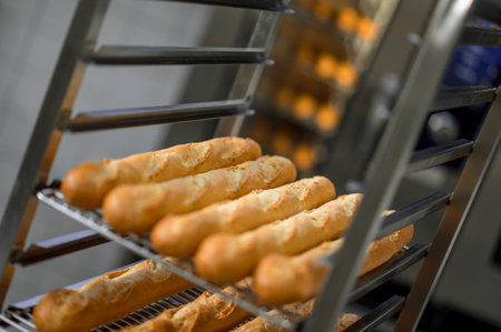 French baguettes on tray at bakeryの写真素材