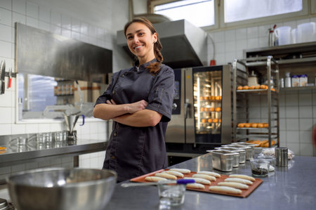 Woman baker baking croissant in bakehouse
