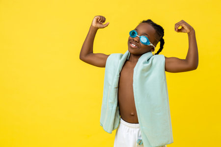 Cute african american boy in swimming eyeglasses and with towel on his shoulderの写真素材