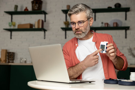 Diabetic man patient consulting with doctor via computer video call about diabetes treatment