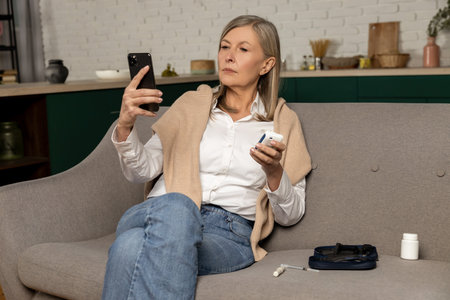 Mature woman checking glucometer results on internet and looking involvedの写真素材