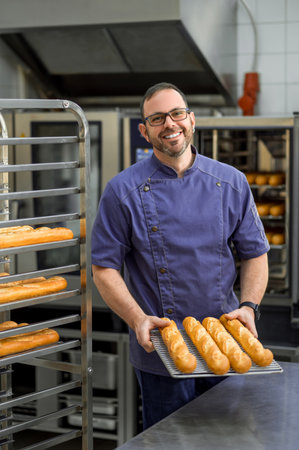 Man baker baking and selling tasty breads