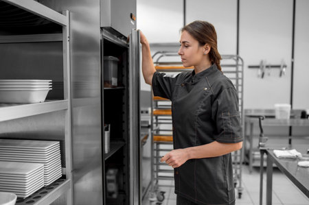Cute young woman working in a kitchen and looking involved
