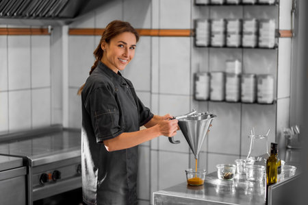 Young woman looking busy while cooking in the kitchenの写真素材